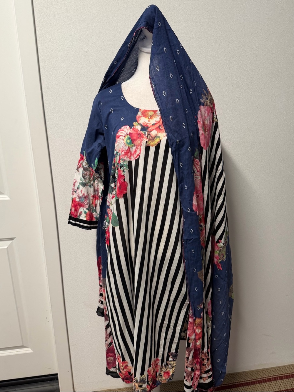 Pakistani 3 Piece Winter Suit Navy Floral Striped Kameez Pants Knit Dupatta